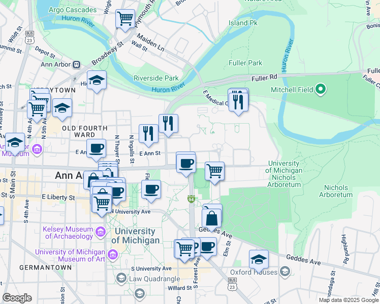 map of restaurants, bars, coffee shops, grocery stores, and more near Zina Pitcher Place in Ann Arbor