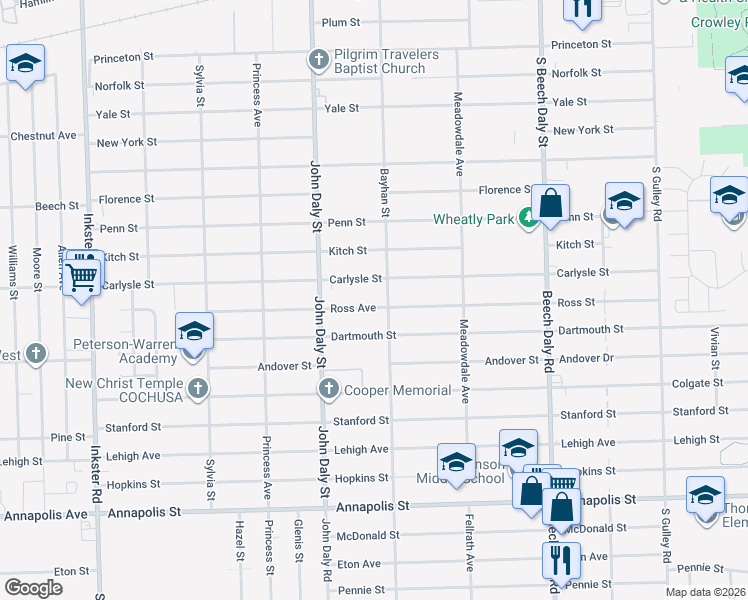 map of restaurants, bars, coffee shops, grocery stores, and more near 26401 Ross Street in Inkster