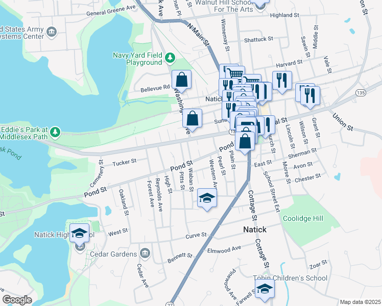 map of restaurants, bars, coffee shops, grocery stores, and more near 14 Maple Street in Natick