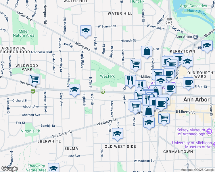 map of restaurants, bars, coffee shops, grocery stores, and more near 712 West Huron Street in Ann Arbor