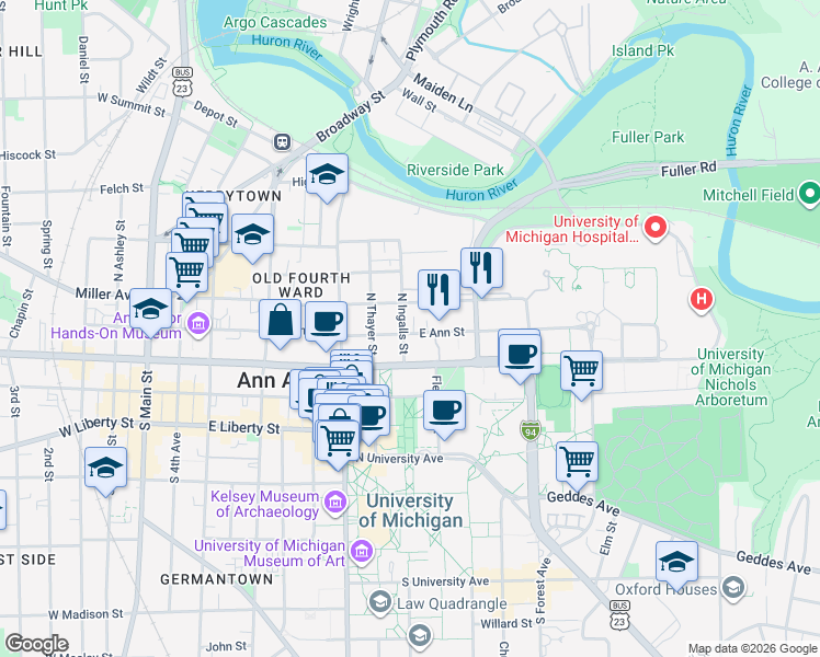 map of restaurants, bars, coffee shops, grocery stores, and more near 920 East Ann Street in Ann Arbor