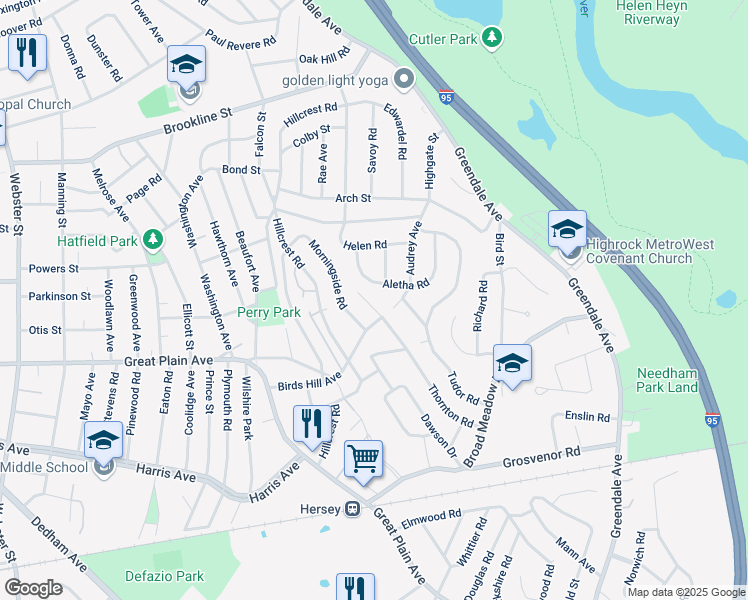 map of restaurants, bars, coffee shops, grocery stores, and more near 159 Thornton Road in Needham