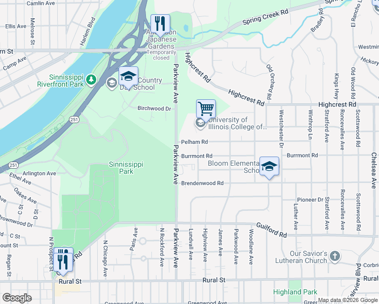 map of restaurants, bars, coffee shops, grocery stores, and more near 2319 Burrmont Road in Rockford