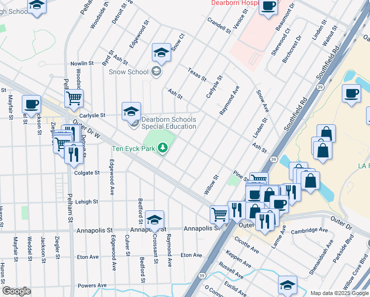 map of restaurants, bars, coffee shops, grocery stores, and more near 3445 Smith Street in Dearborn