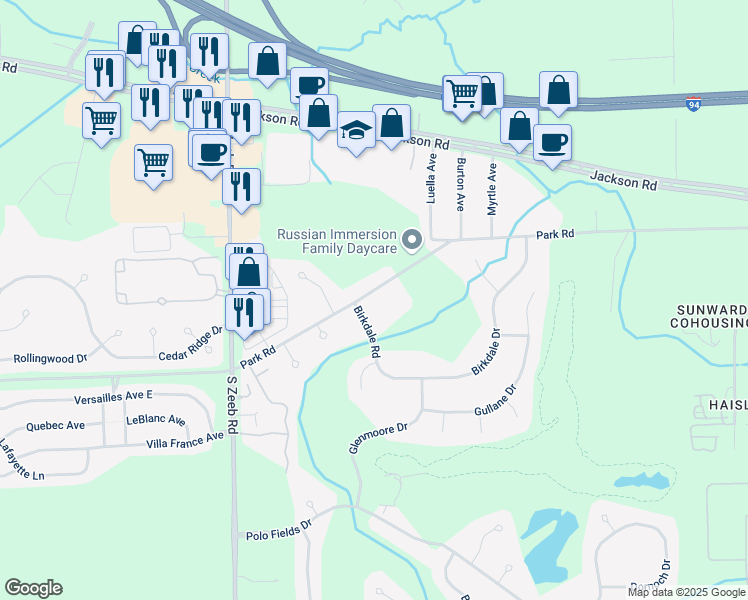 map of restaurants, bars, coffee shops, grocery stores, and more near 5137 Park Road in Ann Arbor