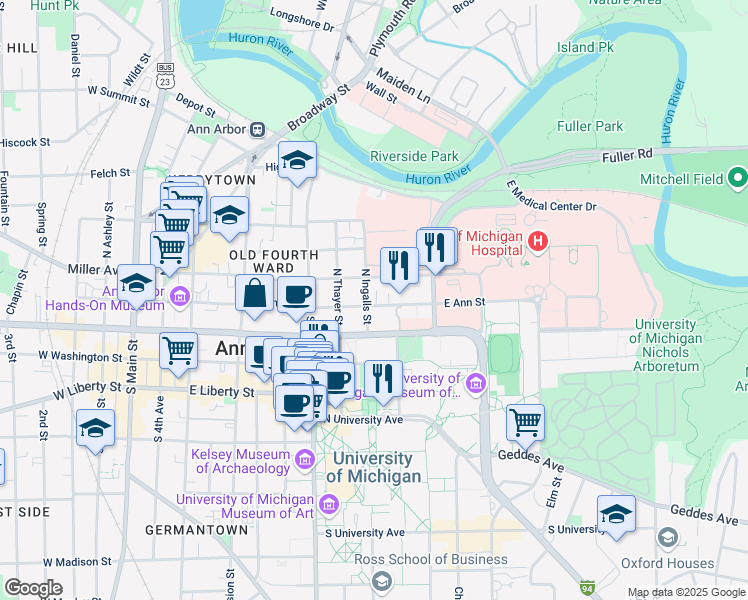 map of restaurants, bars, coffee shops, grocery stores, and more near 200 North Ingalls Street in Ann Arbor
