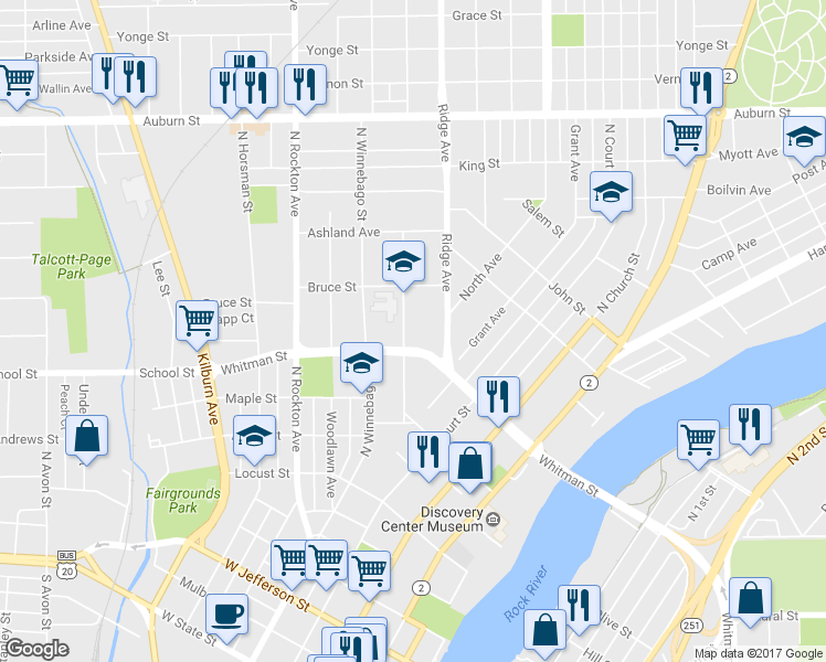 map of restaurants, bars, coffee shops, grocery stores, and more near 917 Haskell Avenue in Rockford