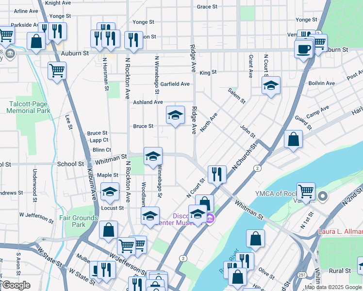 map of restaurants, bars, coffee shops, grocery stores, and more near 917 Haskell Avenue in Rockford