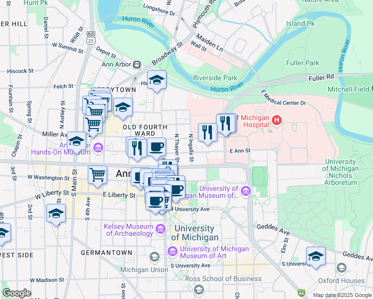 map of restaurants, bars, coffee shops, grocery stores, and more near 815 East Ann Street in Ann Arbor