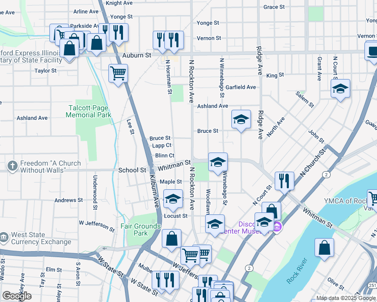 map of restaurants, bars, coffee shops, grocery stores, and more near 916 North Rockton Avenue in Rockford