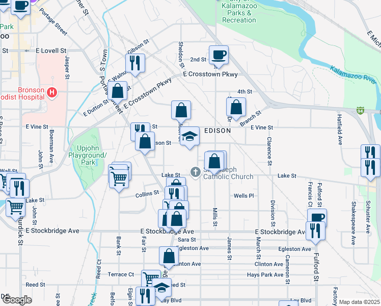map of restaurants, bars, coffee shops, grocery stores, and more near 924 Russell Street in Kalamazoo