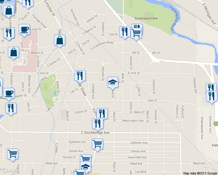 map of restaurants, bars, coffee shops, grocery stores, and more near 924 Russell Street in Kalamazoo