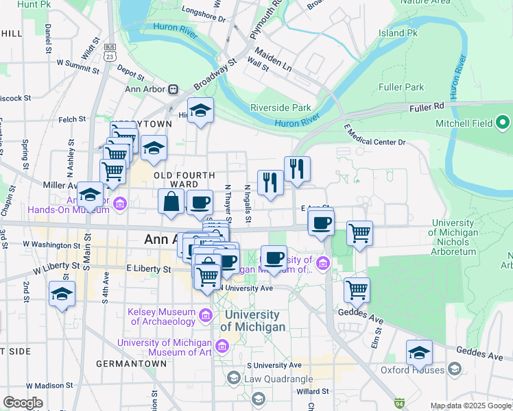 map of restaurants, bars, coffee shops, grocery stores, and more near 909 East Ann Street in Ann Arbor