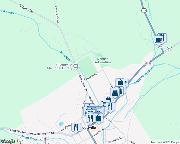map of restaurants, bars, coffee shops, grocery stores, and more near 8-22 Parkside Drive in Ellicottville