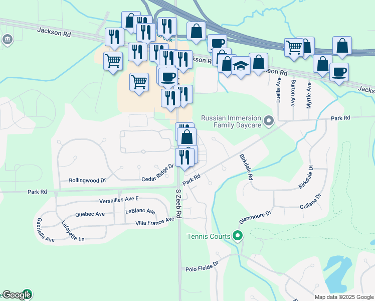 map of restaurants, bars, coffee shops, grocery stores, and more near 283 South Zeeb Road in Ann Arbor