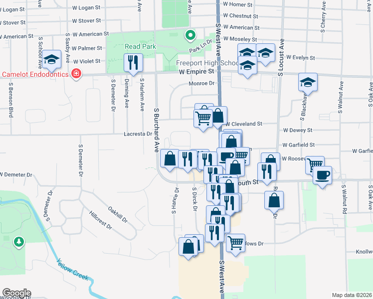 map of restaurants, bars, coffee shops, grocery stores, and more near 1601-1651 South Dirck Drive in Freeport