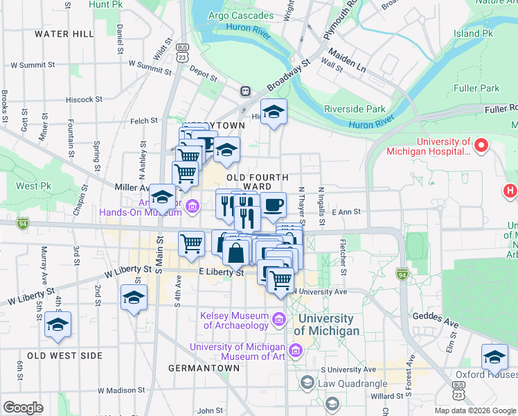 map of restaurants, bars, coffee shops, grocery stores, and more near 520 East Ann Street in Ann Arbor