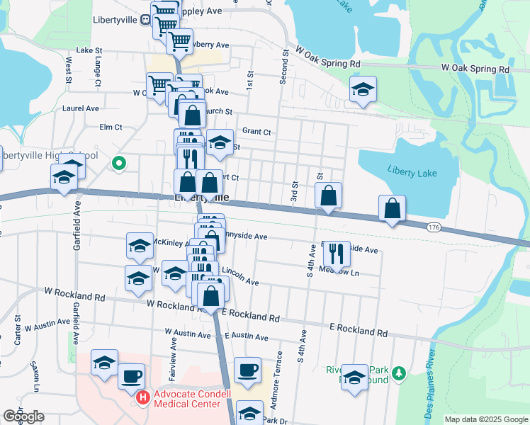 map of restaurants, bars, coffee shops, grocery stores, and more near 341 East Park Avenue in Libertyville
