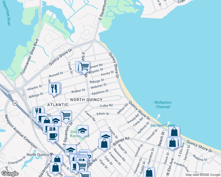 map of restaurants, bars, coffee shops, grocery stores, and more near 77 Appleton Street in Quincy