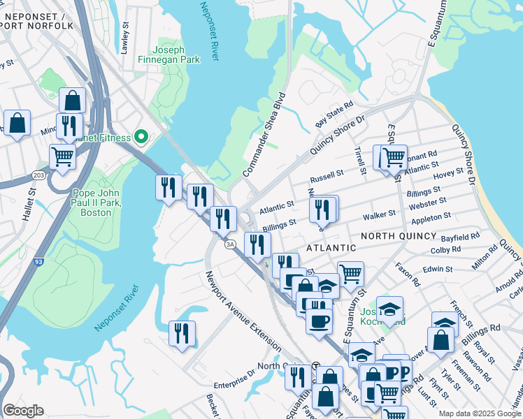 map of restaurants, bars, coffee shops, grocery stores, and more near 73 Atlantic Street in Quincy