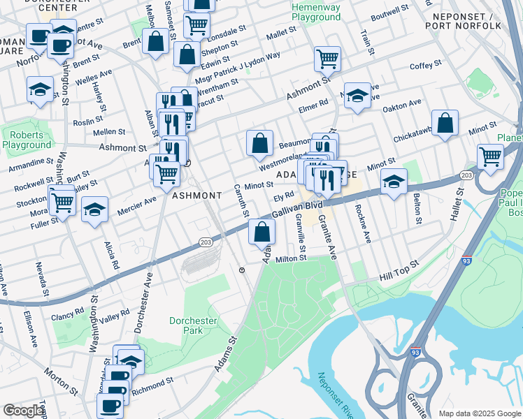 map of restaurants, bars, coffee shops, grocery stores, and more near 424 Gallivan Boulevard in Boston