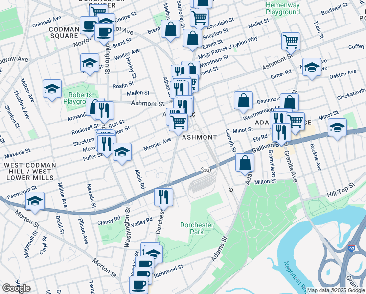 map of restaurants, bars, coffee shops, grocery stores, and more near 6 Magdala Street in Boston