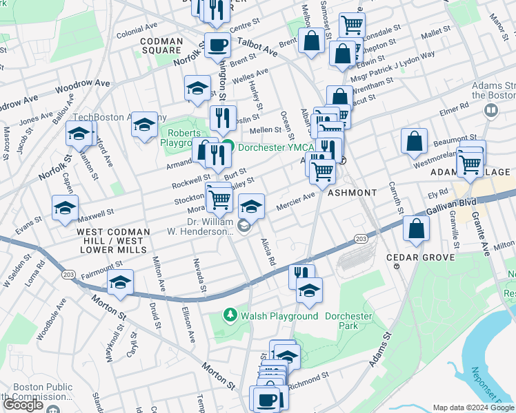 map of restaurants, bars, coffee shops, grocery stores, and more near 66 Mercier Avenue in Boston