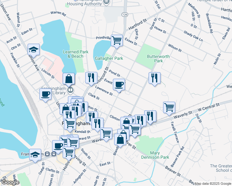 map of restaurants, bars, coffee shops, grocery stores, and more near 116 Grant Street in Framingham