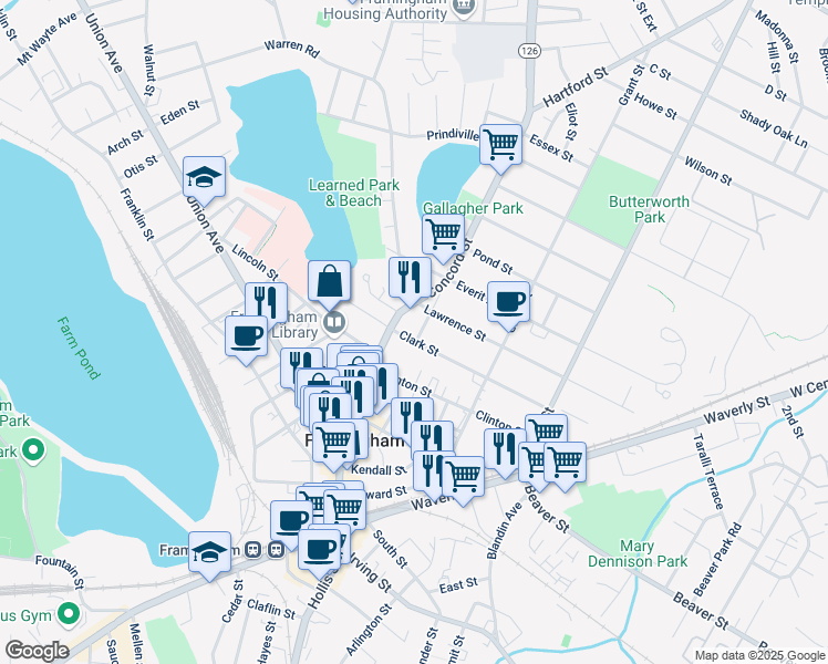 map of restaurants, bars, coffee shops, grocery stores, and more near 27 Clark Street in Framingham