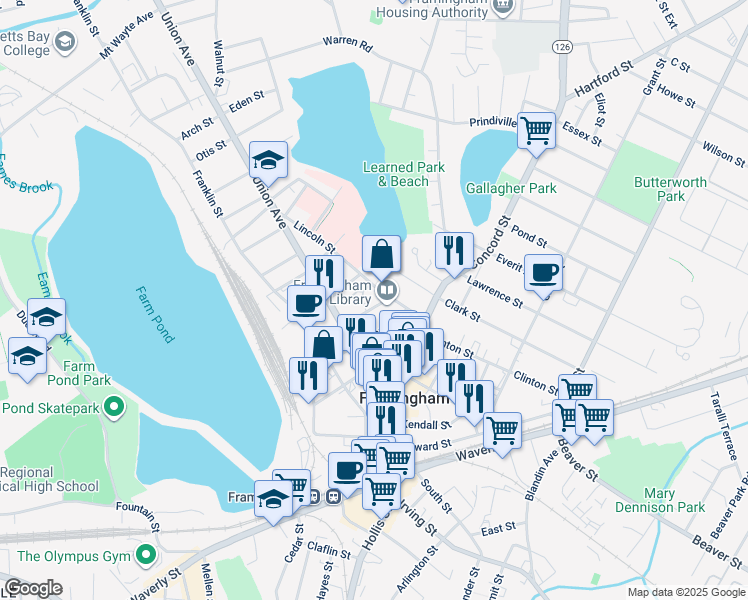 map of restaurants, bars, coffee shops, grocery stores, and more near 50 Lexington Street in Framingham