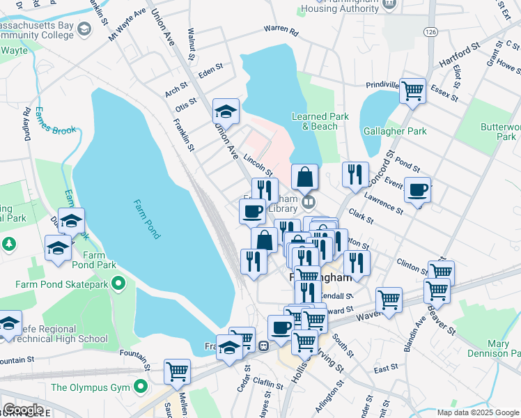 map of restaurants, bars, coffee shops, grocery stores, and more near 154 Union Avenue in Framingham