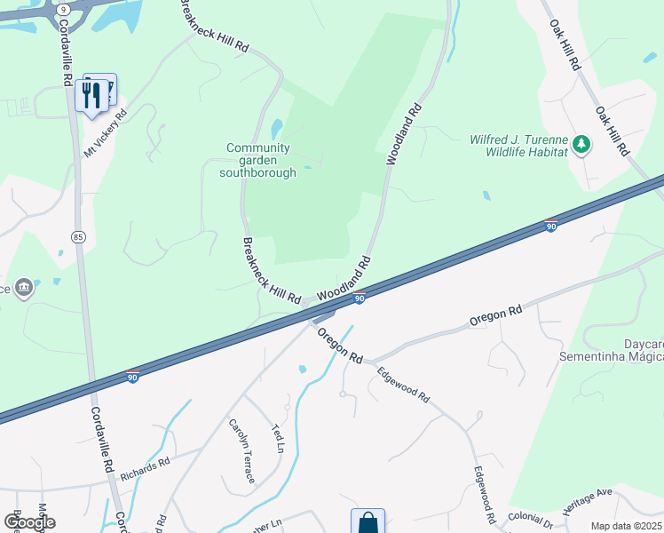 map of restaurants, bars, coffee shops, grocery stores, and more near 99 Woodland Road in Southborough