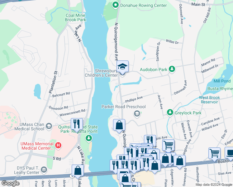 map of restaurants, bars, coffee shops, grocery stores, and more near 23 Eaglehead Terrace in Shrewsbury