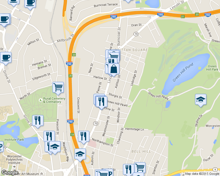 map of restaurants, bars, coffee shops, grocery stores, and more near in Worcester