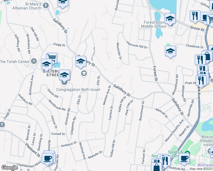 map of restaurants, bars, coffee shops, grocery stores, and more near 145 Newton Avenue North in Worcester