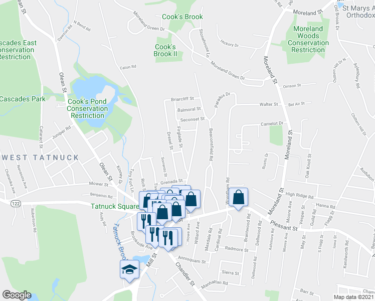map of restaurants, bars, coffee shops, grocery stores, and more near 110 Copperfield Road in Worcester