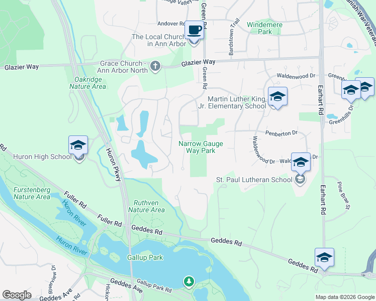 map of restaurants, bars, coffee shops, grocery stores, and more near 608 Green Road in Ann Arbor