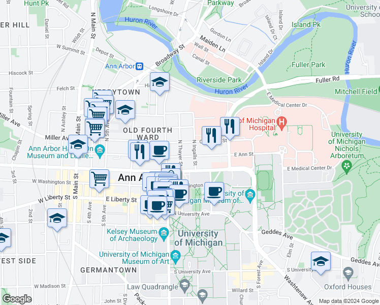 map of restaurants, bars, coffee shops, grocery stores, and more near 816 East Ann Street in Ann Arbor