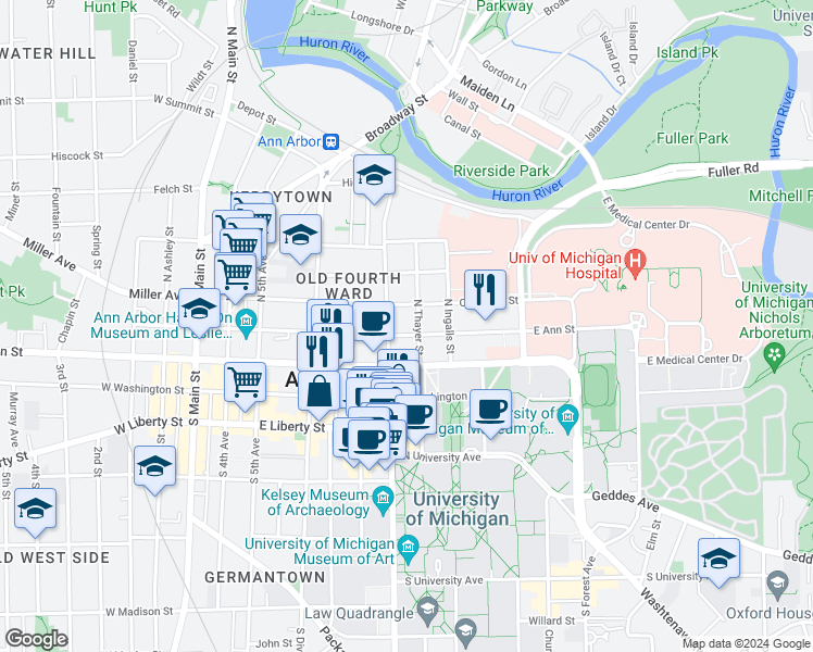 map of restaurants, bars, coffee shops, grocery stores, and more near 710 East Ann Street in Ann Arbor