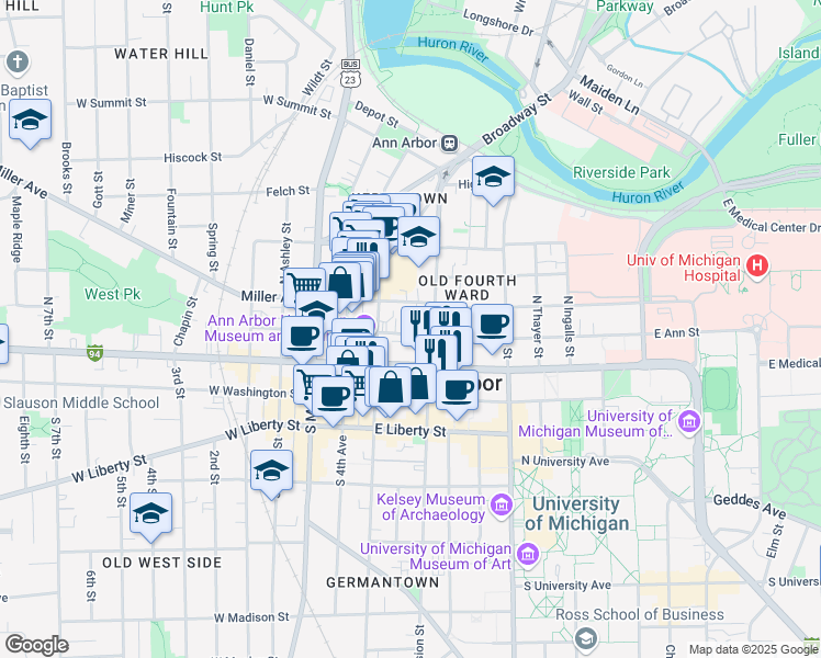 map of restaurants, bars, coffee shops, grocery stores, and more near 301 East Huron Street in Ann Arbor