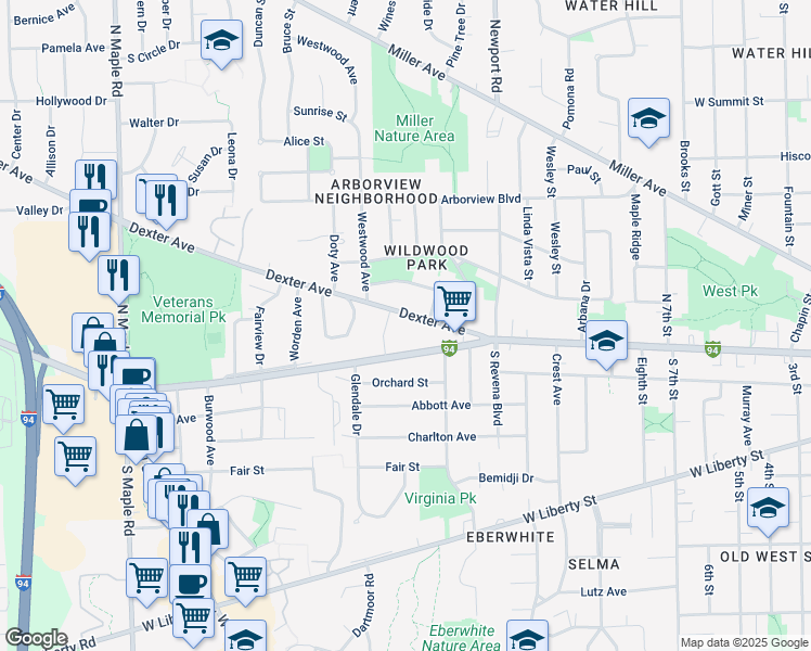 map of restaurants, bars, coffee shops, grocery stores, and more near 1724 Jackson Avenue in Ann Arbor