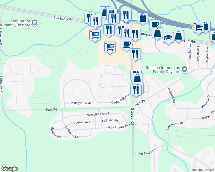 map of restaurants, bars, coffee shops, grocery stores, and more near 5559 Gallery Park Drive in Ann Arbor