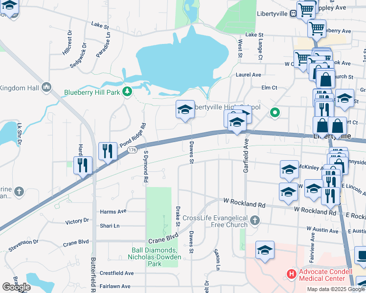 map of restaurants, bars, coffee shops, grocery stores, and more near 709 West Park Avenue in Libertyville