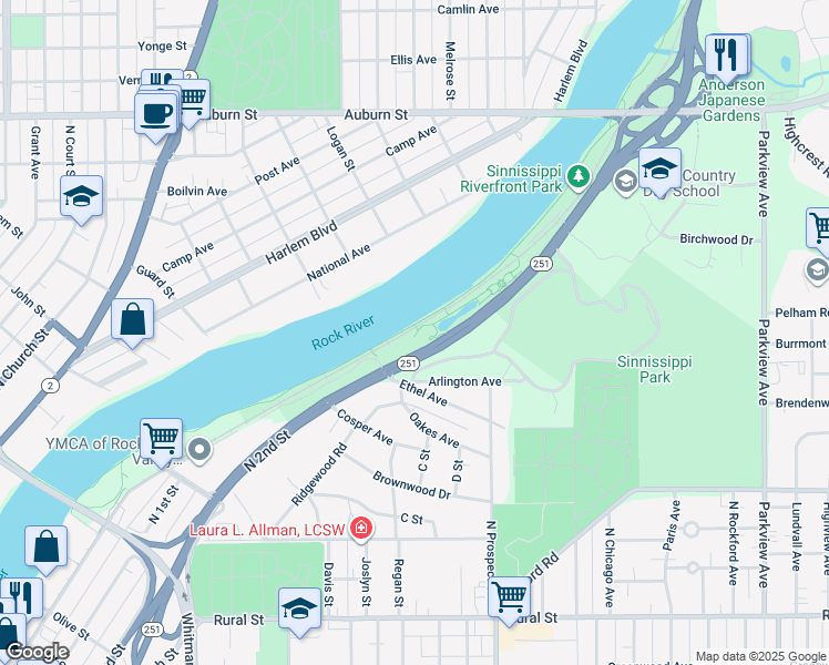 map of restaurants, bars, coffee shops, grocery stores, and more near 1300 North 2nd Street in Rockford