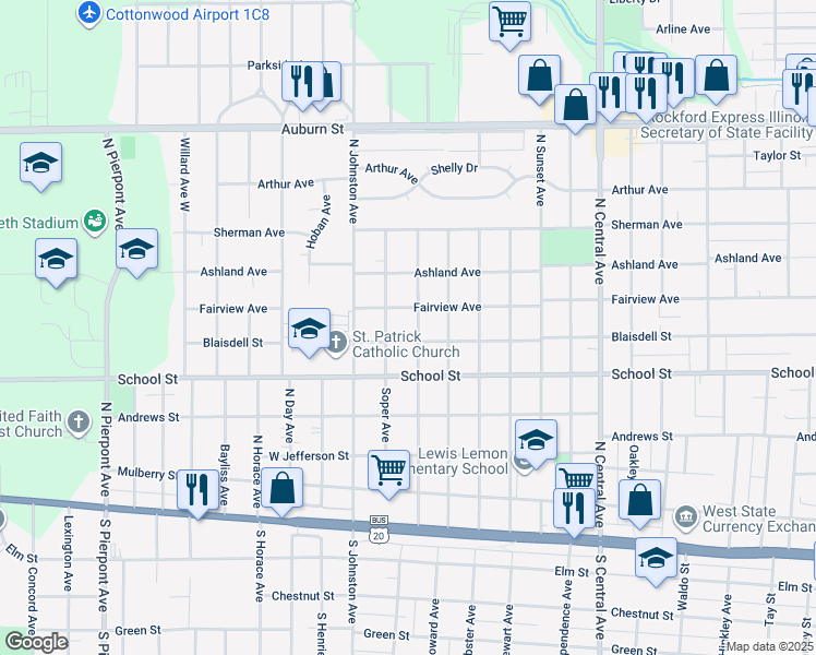 map of restaurants, bars, coffee shops, grocery stores, and more near 618 Alliance Avenue in Rockford