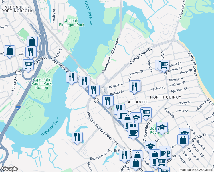 map of restaurants, bars, coffee shops, grocery stores, and more near 1 Billings Street in Quincy
