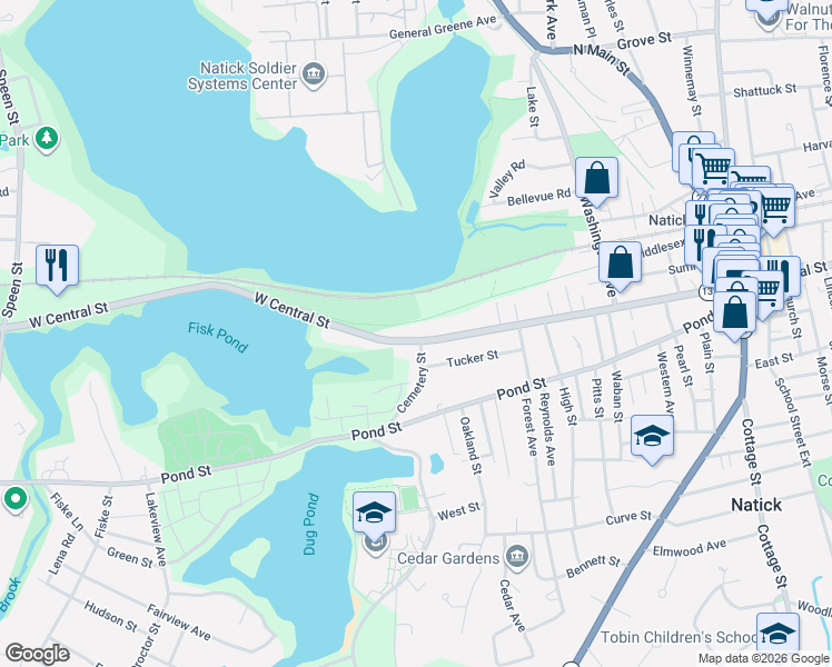 map of restaurants, bars, coffee shops, grocery stores, and more near 98 West Central Street in Natick
