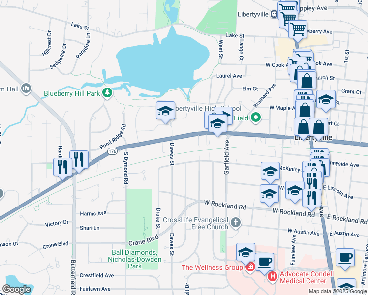 map of restaurants, bars, coffee shops, grocery stores, and more near 639 West Park Avenue in Libertyville