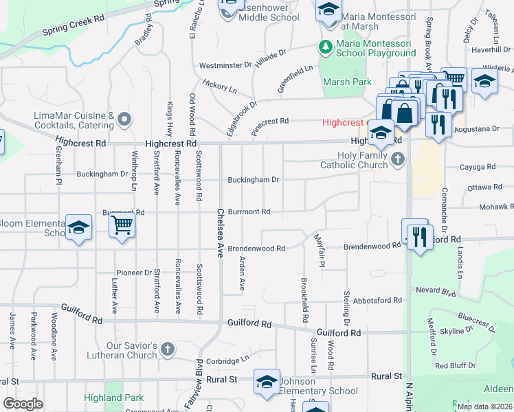 map of restaurants, bars, coffee shops, grocery stores, and more near 3715 Burrmont Road in Rockford