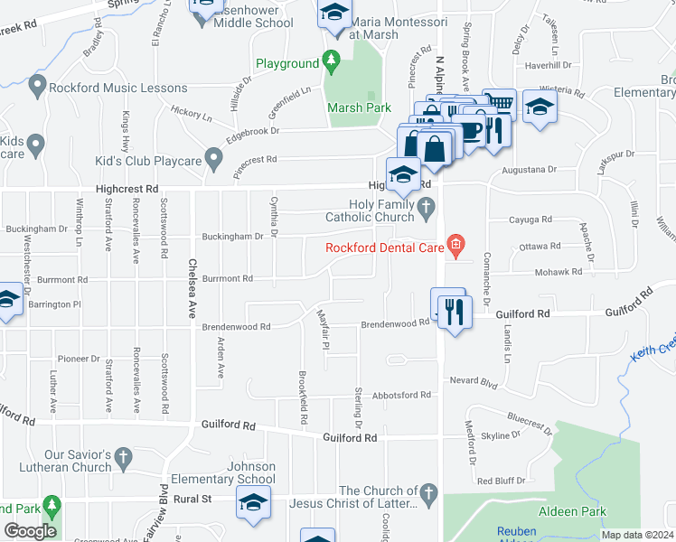 map of restaurants, bars, coffee shops, grocery stores, and more near 1403 Verble Place in Rockford